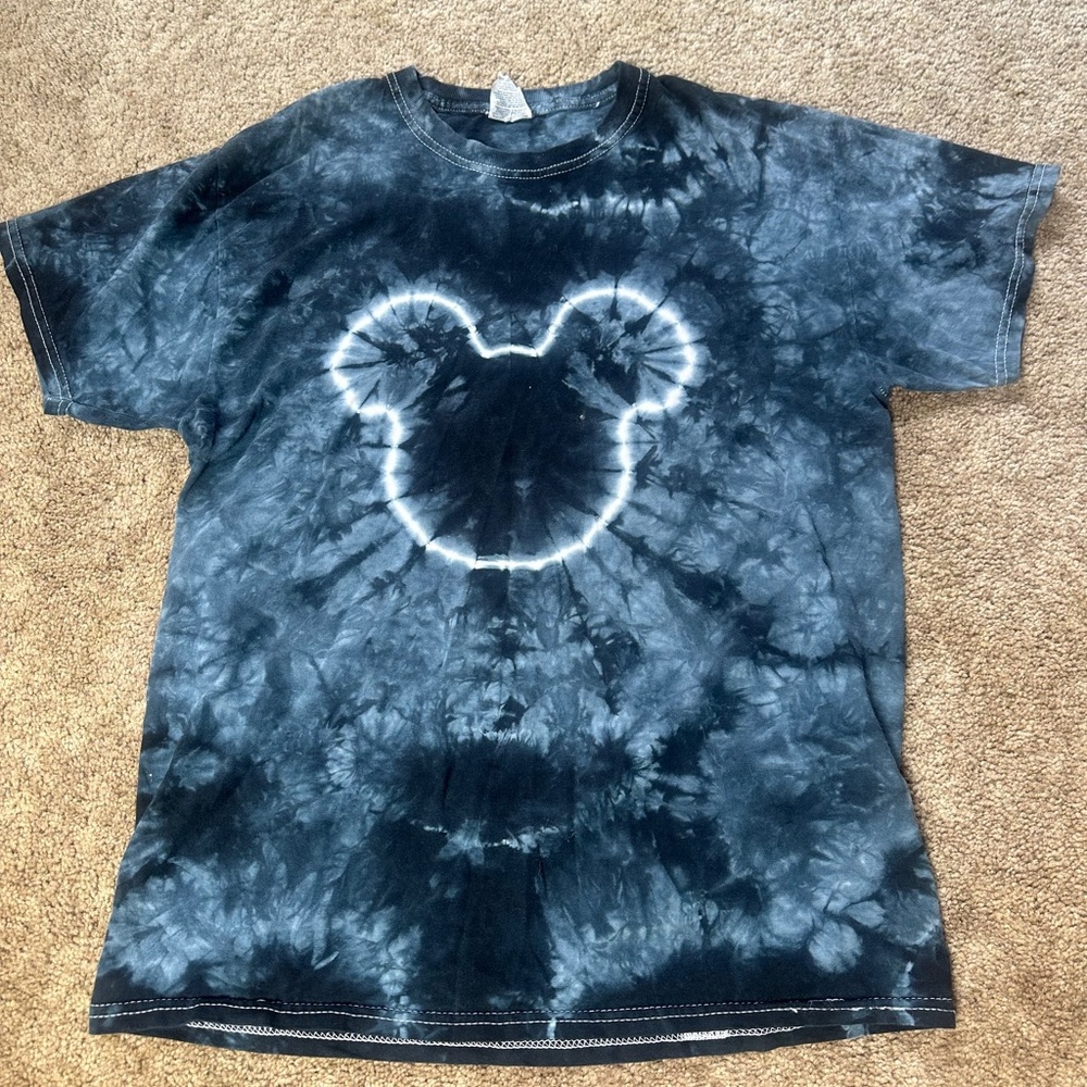 Black Tie-Dye Short Sleeve Tee with White Mickey Outline